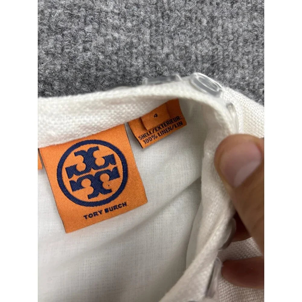 Tory Burch Linen Blouse Womens 4 White Mirror Sequin Embellished‎ 3/4 Sleeve